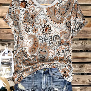 Casual Floral Crew Neck Short Sleeve T-shirt, T-shirts, color:Light Brown|size:4XL, catalog Noracora shop