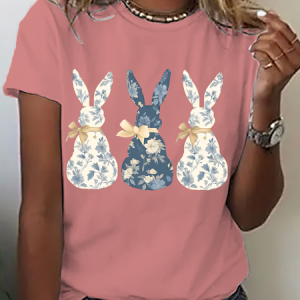 Women Rabbit Short Sleeve Tee T-shirt Crew Neck Casual Summer Top, JustFashionNow T-Shirts, color:Orange Pink|size:3XL,