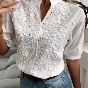 Floral Pattern Eyelet Embroidery Half Sleeve Top, women Blouses & Shirts, ChicMe catalog