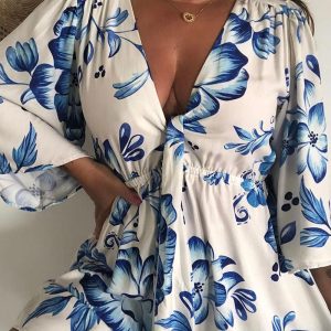 Floral Print Plunge V Neck Bell Sleeve Romper Casual Strechy Waist Button Design Jumpsuit, women Rompers, ChicMe catalog