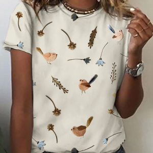 Women's Vintage Bird Floral Print Cotton T-Shirt, T-shirts, Lilicloth.com