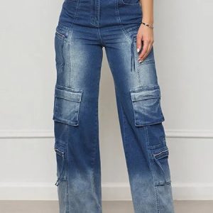 Urban Denim High Waist Cargo Jeans, Jeans, color:Blue|size:XXL, Stylewe