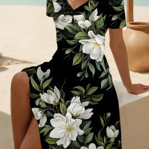 Women Floral V Neck Short Sleeve Comfy Casual Midi Dress, Dresses, color:Green|size:4XL, catalog Noracora shop