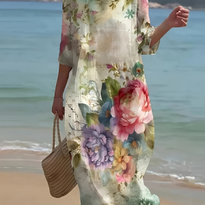 Women Floral Half Sleeve Summer Printing Dress Crew Neck Daily Casual Maxi H-Line Dress, JustFashionNow Casual Dresses, color:As Picture|size:5XL
