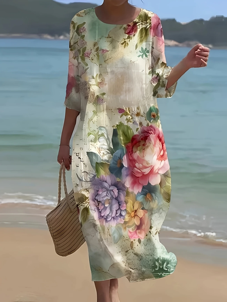 Women Floral Half Sleeve Summer Printing Dress Crew Neck Daily Casual Maxi H-Line Dress, JustFashionNow Casual Dresses, color:As Picture|size:5XL