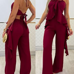 2 Pieces Outfit Halter Asymmetrical Ruffles Hem Backless Top and Casual Wide Leg Pants Set, women Two-piece Sets, ChicMe catalog