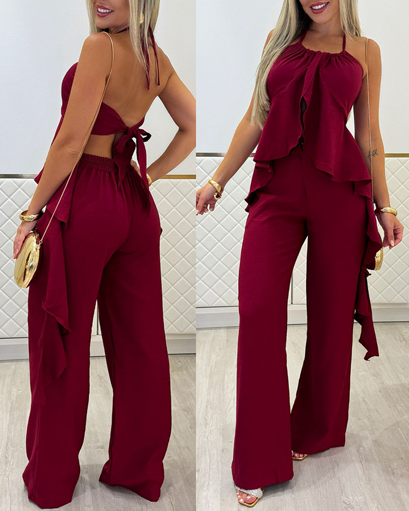 2 Pieces Outfit Halter Asymmetrical Ruffles Hem Backless Top and Casual Wide Leg Pants Set, women Two-piece Sets, ChicMe catalog