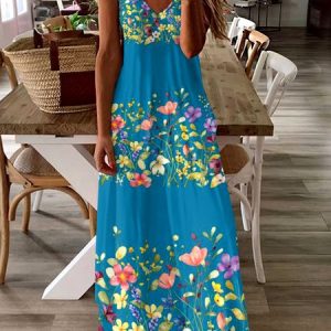 Women Floral Spaghetti Sleeveless Comfy Casual Maxi Dress, Maxi, color:Lake Blue|size:4XL, catalog Noracora shop