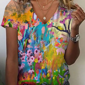 Women Floral Short Sleeve Tee T-shirt V Neck Printing Casual Summer Graphic Tee Top, JustFashionNow T-Shirts, color:Multicolor|size:XXL
