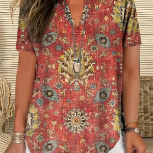 Shawl Collar Half Sleeve Ethnic Regular Loose Blouse For Women, Blouses, color:As Picture|size:4XL, catalog Noracora shop