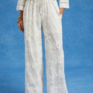 Pure Cotton Casual Jacquard Straight-Leg Pants, Pants, color:White|size:XXL, Stylewe