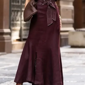 Elegant Slit Plain Maxi Skirt With Belt, Skirts, color:Wine Red|size:XXL, Stylewe
