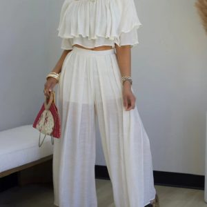 2 Pieces Outfit Off Shoulder Ruffles Crop Top and Casual High Waist Wide Leg Pants Set, women Two-piece Sets, ChicMe catalog