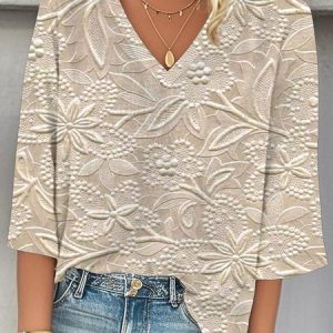 Women 3D Printing Three Quarter Sleeve Blouse Spring/Fall V Neck Daily Casual Top, JustFashionNow Shirts, color:Oatmeal|size:XXL,
