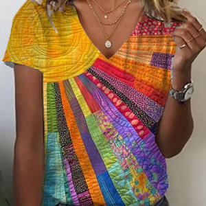 Women Hippie Short Sleeve Tee T-shirt V Neck Printing Casual Summer Graphic Tee Top, JustFashionNow T-Shirts, color:As Picture|size:XXL,
