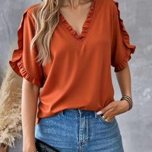 V Neck Short Sleeve Plain Regular Micro-Elasticity Regular Fit Shirt For Women, Shirts, color:Orange|size:4XL, catalog Noracora shop