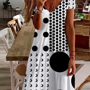 Women Polka Dots Short Sleeve Summer Printing Dress V Neck Daily Casual Midi Fit & Flare Dress A-Line Dress, JustFashionNow Casual Dresses, color:White|size:5XL,