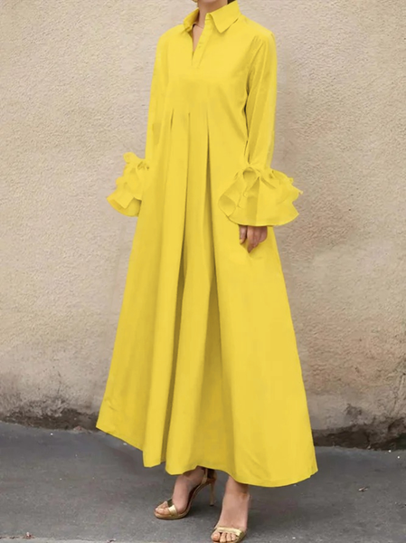 Urban Plain Ruffle Sleeve Shirt Collar Maxi Dress, Maxi Dresses, color:Yellow|size:XXL, Stylewe