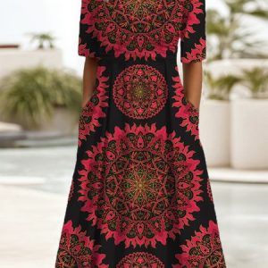 Women's Short Sleeve Summer Ethnic Dress V Neck Daily Going Out Casual Maxi A-Line, JustFashionNow Dresses, color:Red|size:XXL,