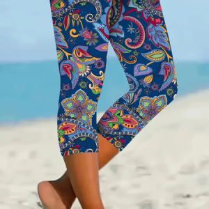 Women Floral Capris Elastic Waist Pant Casual Summer Trousers, JustFashionNow Leggings, color:Blue|size:XXL,