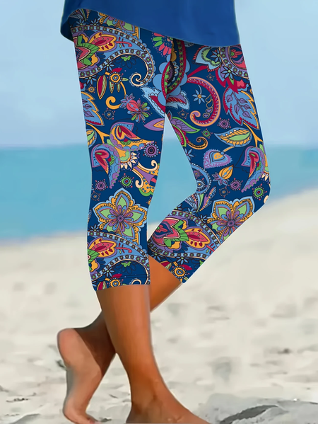 Women Floral Capris Elastic Waist Pant Casual Summer Trousers, JustFashionNow Leggings, color:Blue|size:XXL,