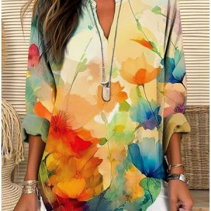 V Neck Long Sleeve Geometric Regular Micro-Elasticity Regular Fit Shirt For Women, Shirts, color:Light Yellow|size:4XL, catalog Noracora shop