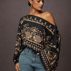 Ethnic Lantern Sleeve Cold Shoulder Loose T-Shirt, Blouses and Shirts, color:Black|size:XXL, Stylewe