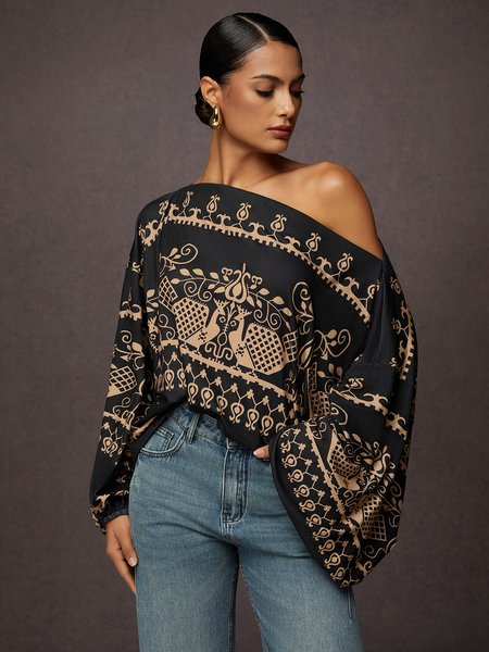 Ethnic Lantern Sleeve Cold Shoulder Loose T-Shirt, Blouses and Shirts, color:Black|size:XXL, Stylewe