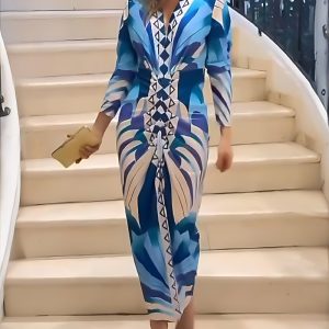 Geometric Print Plunge V Neck Long Sleeve Bodycon Midi Dress Casual Slim Fit Ruched Slit Dress, women Print Dresses, ChicMe catalog