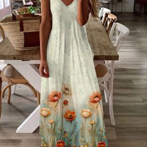 Women Floral Spaghetti Sleeveless Comfy Casual Maxi Dress, Maxi, color:Apricot|size:4XL, catalog Noracora shop