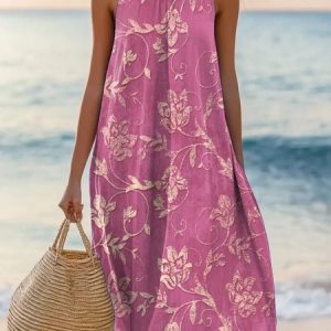 Women Leaf Summer Dress Crew Neck Sleeveless A-Line Dress, Dresses, color:Pink|size:4XL, catalog Noracora shop