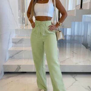 High Waist Tied Detail Zipper Fly Pleated Wide Leg Pants With Pockets, women Print Dresses, ChicMe catalog