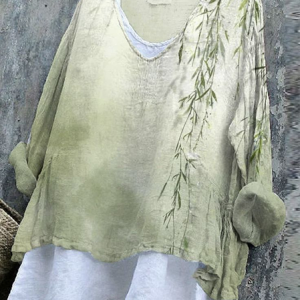 Women Floral Long Sleeve Blouse Spring/Fall Printing V Neck Daily Casual Top, JustFashionNow Blouses, color:Green|size:4XL,