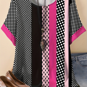 Vintage Striped Crew Neck Three Quarter Sleeve T-shirt, T-shirts, color:As Picture|size:4XL, catalog Noracora shop