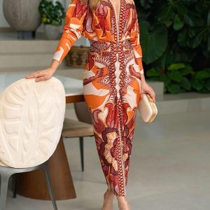 Vintage Baroque Deep V Neck Long Sleeve Slit Bodycon Dress Casual Ruched Slim Fit Vacation Dress, women Print Dresses, ChicMe catalog