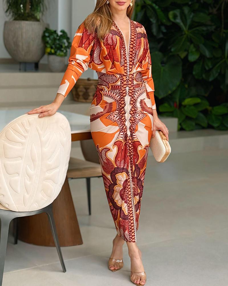Vintage Baroque Long Sleeve Bodycon Dress Casual Plunge V Neck Slim Fit Midi Dress, women Print Dresses, ChicMe catalog