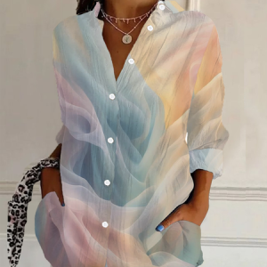 Women Ombre Long Sleeve Shirt Spring/Fall Buckle Shirt Collar Daily Casual Top, JustFashionNow Shirts, color:As Picture|size:4XL,