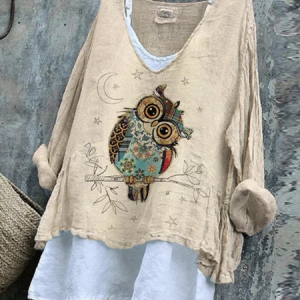 Vintage Animal V Neck Long Sleeve T-shirt, T-shirts, color:Apricot|size:4XL, catalog Noracora shop