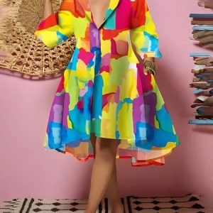 Casual Random Print Printing Lapel Collar Knee Length Dress, Midi Dresses, color:As Picture|size:XXL, Stylewe
