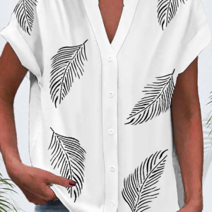 Women Feather Short Sleeve Shirt Summer Buckle V Neck Daily Casual Top, JustFashionNow Shirts, color:White|size:4XL