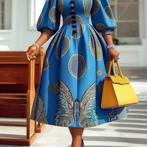 Elegant Ethnic Patterns  V Neck Midi Dress, Midi Dresses, color:Blue|size:XXL, Stylewe