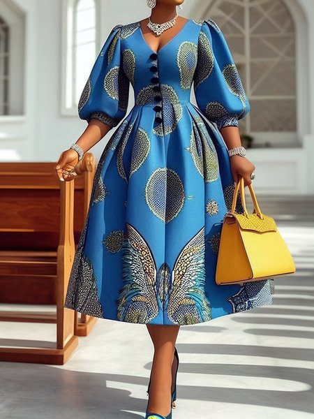 Elegant Ethnic Patterns V Neck Midi Dress, Midi Dresses, color:Blue|size:XXL, Stylewe
