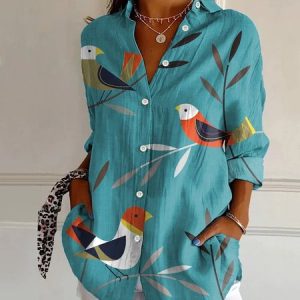 Women Bird Long Sleeve Shirt Spring/Fall Buckle Shirt Collar Daily Casual Top, JustFashionNow Shirts, color:Blue|size:XXL,