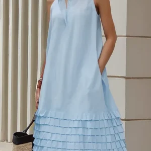 Casual Plain Gathered Knee Length Dress, Midi Dresses, color:Blue|size:XXL, Stylewe