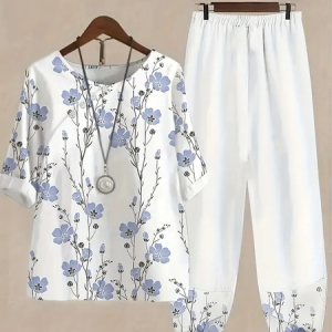 Women Floral Printing Two-Piece Set Daily Half Sleeve Casual Summer Top With Pants Matching Set, JustFashionNow Suit Set, color:White|size:4XL,