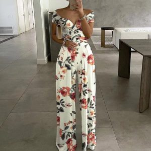 Women Striped Off The Shoulder Short Sleeve Casual Summer Jumpsuit, JustFashionNow Jumpsuits＆Rompers, color:White|size:3XL,