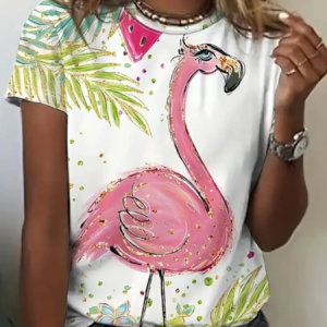 Casual Summer Flamingo Pattern Crew Neck Long Sleeve T-shirt, T-shirts, color:White|size:4XL, catalog Noracora shop