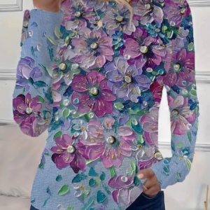 Women Floral Long Sleeve Tee T-shirt Crew Neck Printing Casual Spring/Fall Graphic Tee Top, JustFashionNow T-Shirts, color:Blue Purple|size:XXL,