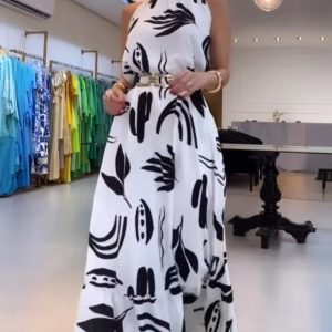 Plants Print Sleevless Hollow-out Back Tied Detail Maxi Dress Casual Ruffle Hem Vacation Dress without Belt, women Maxi Dresses, ChicMe catalog