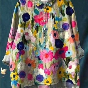 Women Floral Long Sleeve Shirt Spring/Fall Printing Shirt Collar Daily Casual Top, JustFashionNow Shirts, color:As Picture|size:5XL,